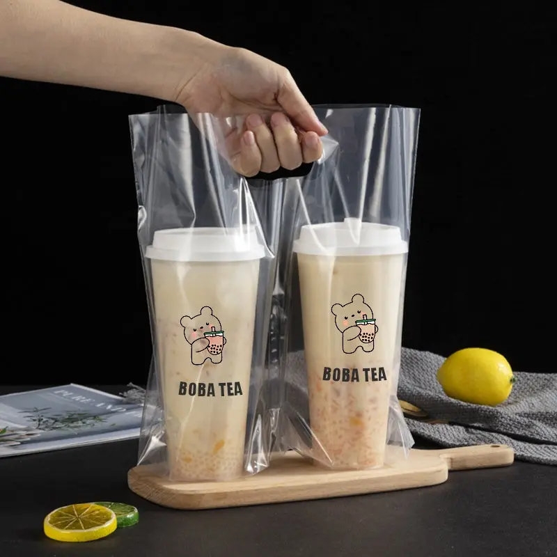 Clear Bubble Tea & Coffee Cup Carrier Bags – Plastic, 12-Micron Thickness, 50 Pcs 2