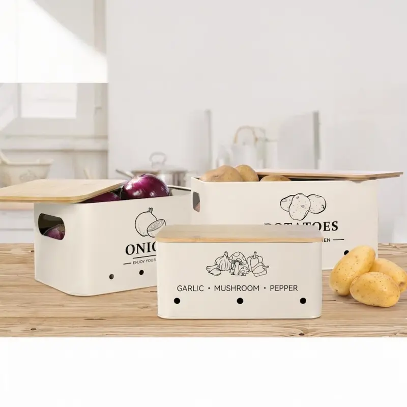 Stainless Steel Kitchen Storage Bin With Natural Wooden Lid – Ideal For Bread, Potatoes & Onions 1